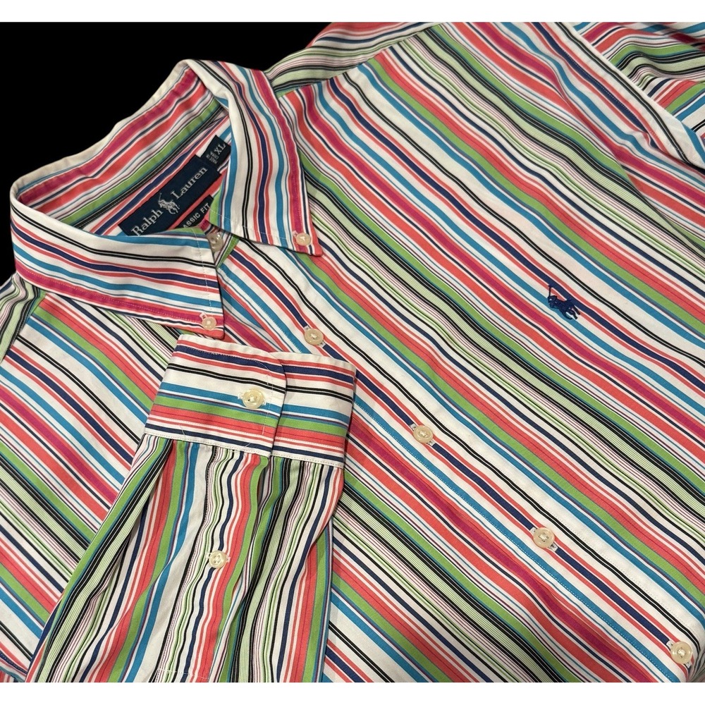 Ralph Lauren Men Shirt Multi‎ Stripe XL Button Blue Pony Classic Fit LONG FIT